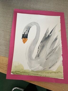 Gray Swan Watercolor Print on Pink Mat